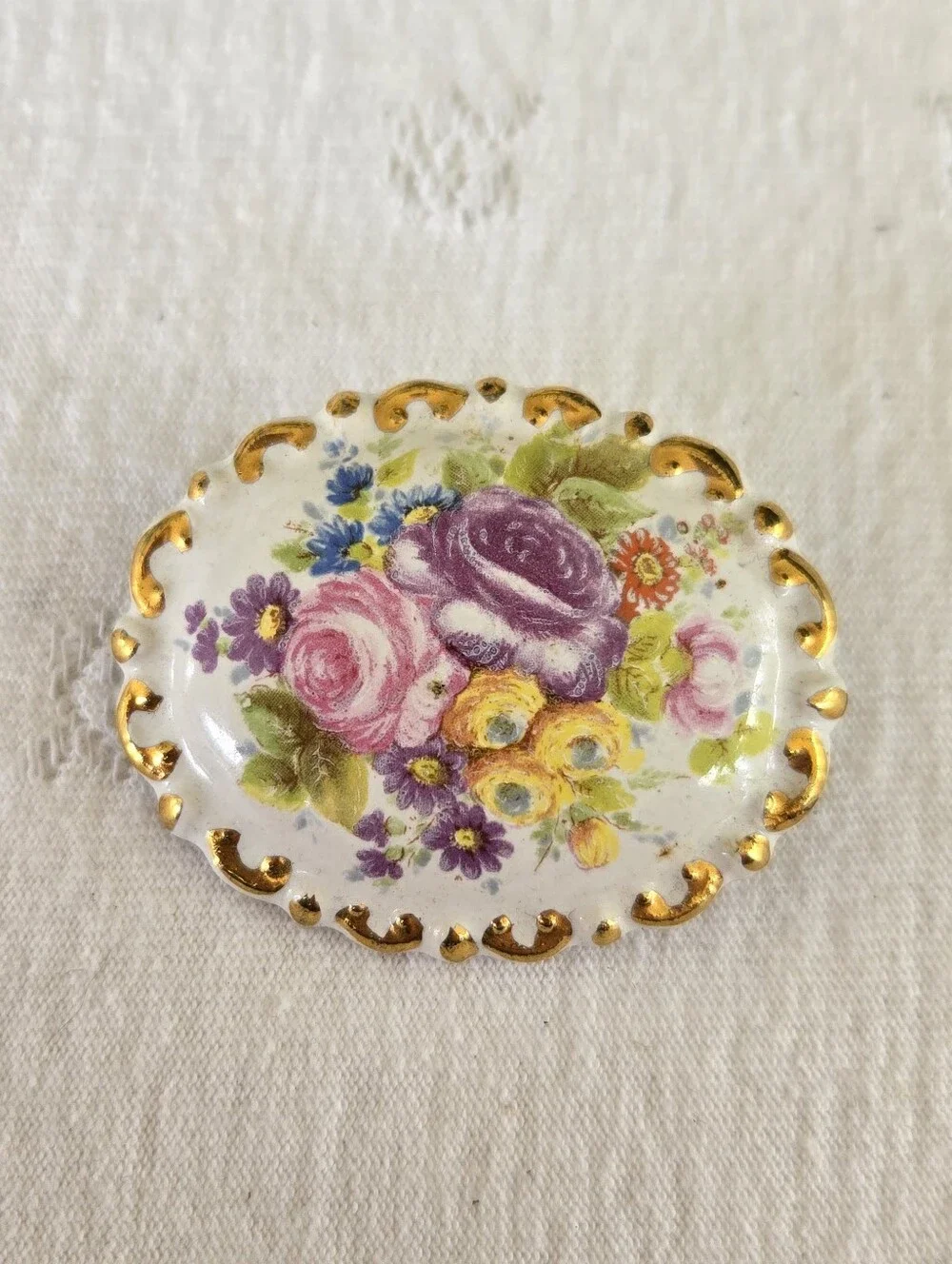 Vintage Gold-Trim Floral Porcelain Brooch with Pink & Purple Roses